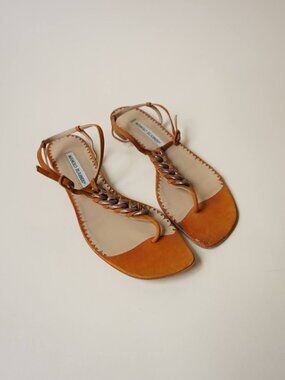 Manolo Blahnik Orange Chain Thong Square Toe Sandals - Size 38.5